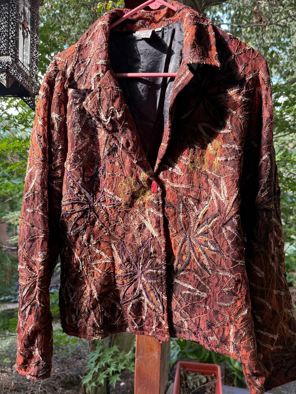 Parsley & Sage Autumn Leaf Lace Blazer in Rust Brown